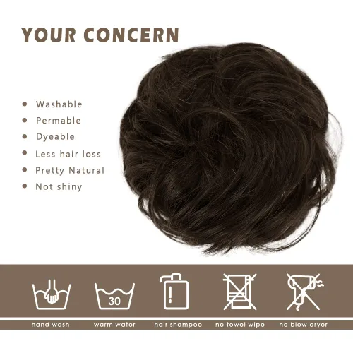 Miniatura 4 de BARSDAR Extensión de moño 100% humano – Cabello humano real, color marrón oscuro, moño desordenado para mujer, extensiones elásticas onduladas