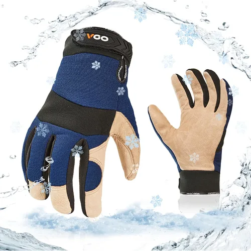 Miniatura 8 de Vgo... 1 par de guantes de trabajo de seguridad de cuero de piel de cerdo con forro para 32℉ o superior, cálidos para invierno frío, almacenamiento