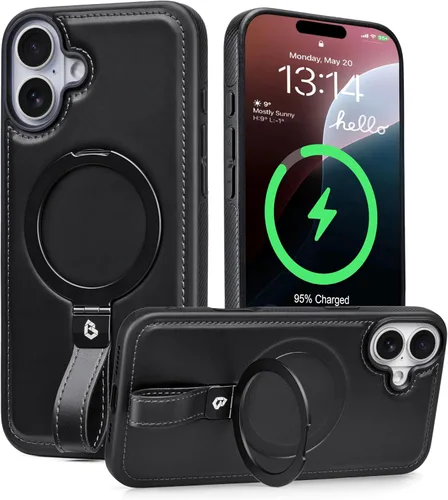 Miniatura 39 de Butaiga - Funda para iPhone 12 Pro Max con correa de cuero, soporte de anillo, color negro Finger Loop, Relieve Smartphone Pinky Strain