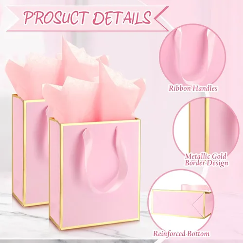 Miniatura 5 de Yeaqee Paquete de 24 bolsas de regalo de papel metálico con asa y papel de seda 9 x 7 x 3.1 pulgadas, papel de aluminio dorado, bolsas de regalo