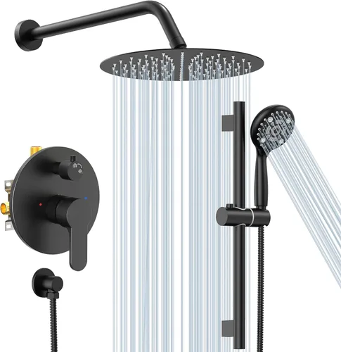 Miniatura 12 de SR SUN RISE Juego de grifo de ducha negro mate - Cabezal de ducha de lluvia de 10 pulgadas con barra deslizante ajustable, juego de combinación