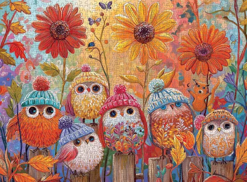Miniatura 5 de Cross & Glory Un pequeño parlamento acogedor - Rompecabezas de 1000 piezas para adultos Lindos pájaros de otoño con sombreros de punto