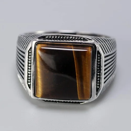 Miniatura 3 de Anillo de plata para hombre Piedra natural de ojos de tigre Anillo turco Anillo retro grabado geométrico por Fantasy World, Metal precioso, ojo