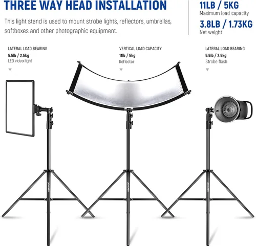 Miniatura 4 de NEEWER Soporte de luz acolchado de aire de 8.5 pies/8.5 ft, soporte de trípode de fotografía de metal resistente con espiga reversible de 1/4 a 3/8