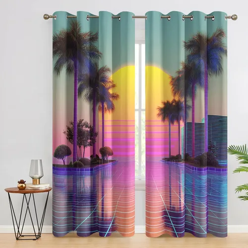 Miniatura 9 de Neon Palm Tree Curtains for Living Room, Synthwave Aesthetic Blackout Curtains for Bedroom, Grommet Drapes 39 Inch Length 2 Panels Set, Neon Palm