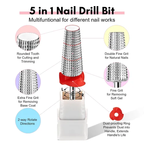 Miniatura 2 de Makartt Brocas para Uñas 5 en 1, Vástago de 3/32", Brocas Cónicas de Carburo de Tungsteno para Uñas para Eliminación Rápida de Uñas Acrílicas, Geles
