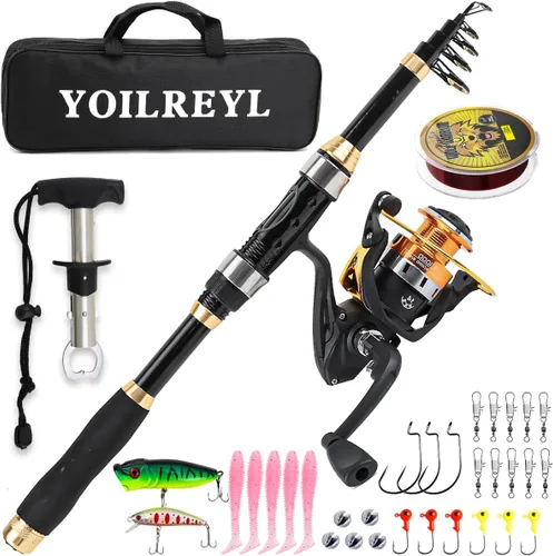 Miniatura 10 de Yoilrey - Combo de caña de pescar y carrete – Kit de iniciación de caña de pescar telescópica de 5.9 pies con carrete giratorio, línea de pesca, ï¼