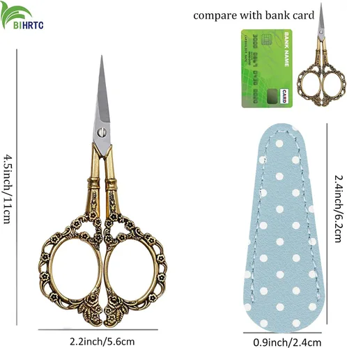 Miniatura 2 de BIHRTC - Tijeras de costura pequeñas de 4.5 pulgadas con estuche de cuero, puntas afiladas, tijeras vintage de acero inoxidable, detalle de hilo