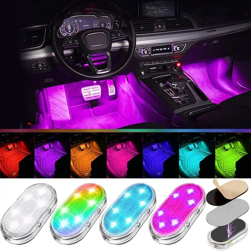 4 luces LED inalámbricas para el interior del automóvil, luces interiores de 7 colores con 6 cuentas de lámpara LED brillantes, luz nocturna LED