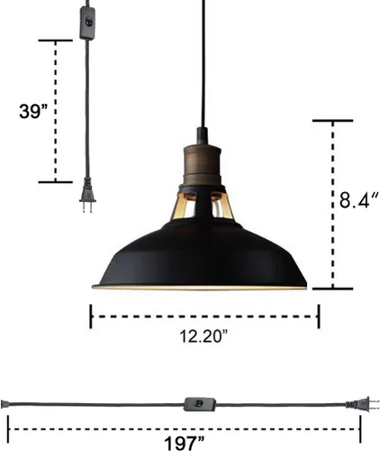 Miniatura 5 de CLAXY Lámparas colgantes enchufables Lámpara colgante ajustable con pantalla de granero negro Interruptor de encendido/apagado Lámpara colgante
