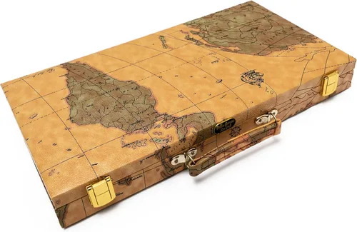 Miniatura 6 de United Nations of New York, Deluxe Rummy Set con números grabados de gran tamaño y estantes de madera en una caja de mapa de estilo vintage