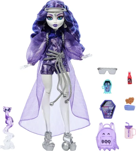 Muñeca de Monster High Spectra Vondergeist con hurón mascota Rhuen y accesorios como mochila, tableta, bocadillos y más