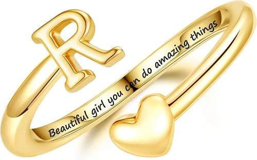 Miniatura 22 de Turandoss Regalos para el día de San Valentín para adolescentes, anillos de oro para niños, chapados en oro de 14 quilates con inicial para letra A
