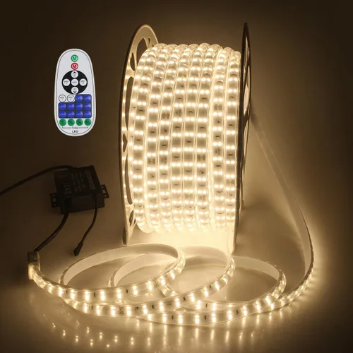 Aclorol Tira de luz LED de 131.2 ft para exteriores, impermeable, 131 pies, AC110V-120V, regulable, doble fila, luz blanca cálida con control remoto