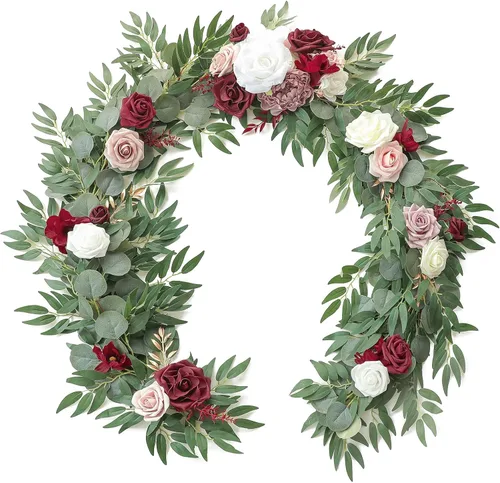 Miniatura 7 de Floroom Guirnalda de eucalipto artificial de 6 pies con flores, vegetación falsa, guirnalda de vid floral sintética para decoración de mesa, centros