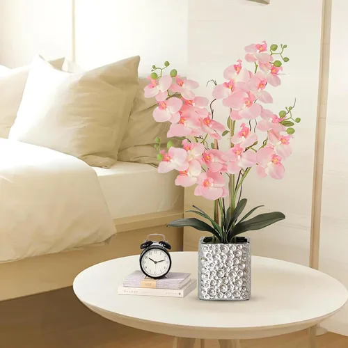 Miniatura 5 de Flores artificiales de orquídea con jarrón plateado, flores de falaenopsis de seda sintética grande para mesa de comedor, centros de mesa florales
