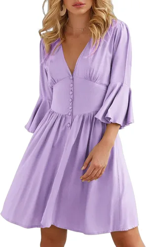 Mini vestido casual de verano para mujer, vestido con botones, manga corta, cintura alta, longitud hasta la rodilla, vestido de túnica liso fruncido