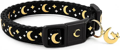 Miniatura 9 de waaag - Collar de seguridad para gato, con diseño de lunas y estrellas doradas, brilla en la oscuridad