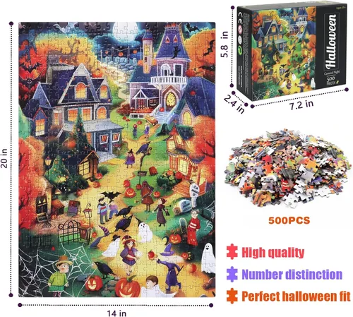 Miniatura 2 de Rompecabezas de Halloween de 500 piezas para adultos, rompecabezas de ciudad de Halloween, rompecabezas desafiante perfecto para noches