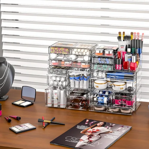 Miniatura 5 de SUOXING Organizador de Maquillaje Acrílico Transparente para Tocador, Baño, Cómoda, Organizadores de Maquillaje de 4 Cajones para Mostrador