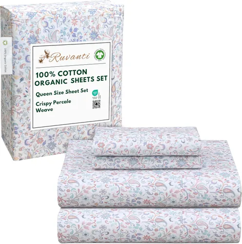 Miniatura 193 de RUVANTI Juego de sábanas de algodón orgánico 100% tamaño completo, tejido de percal, certificado GOTS, juego de 4 piezas, bolsillo profundo de 15