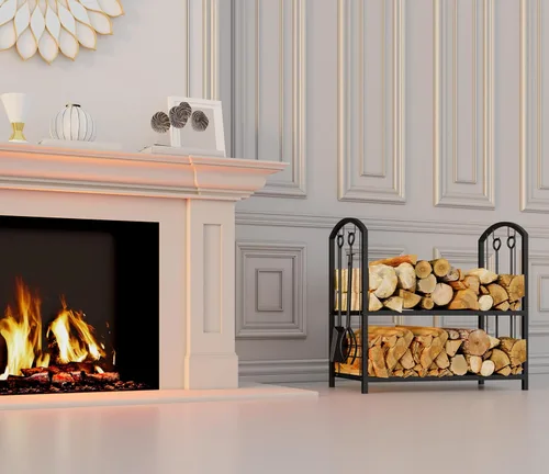 Miniatura 8 de Fire Beauty - Soporte para leña de chimenea con 5 piezas, soporte para troncos con juego de herramientas de 4 piezas, soporte para leña