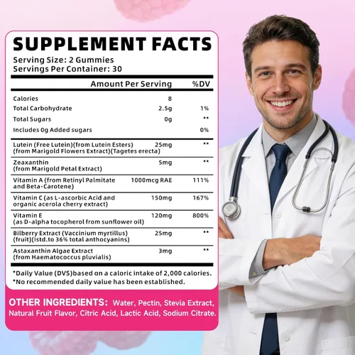 Miniatura 2 de Suplementos de luteína y zeaxantina, gomitas de luteína con zeaxantina, vitaminas A, C, E, arándano, astaxantina para la salud visual y fatiga