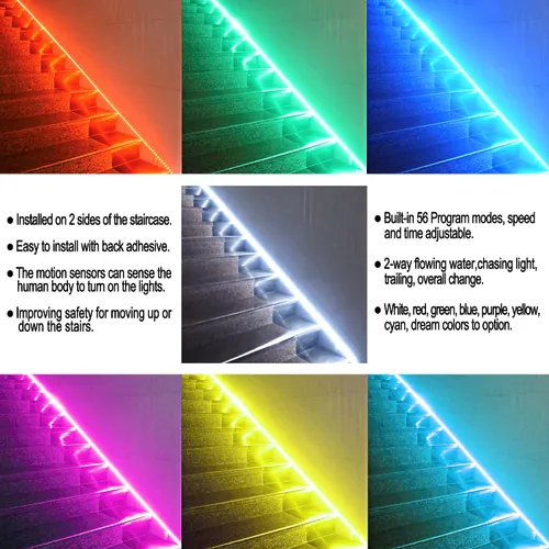 Miniatura 6 de Luz de escalera de color con sensor bidireccional de agua que fluye, sensor de movimiento, controlador LED, tira de luz flexible de 12 V, 16.4 pies