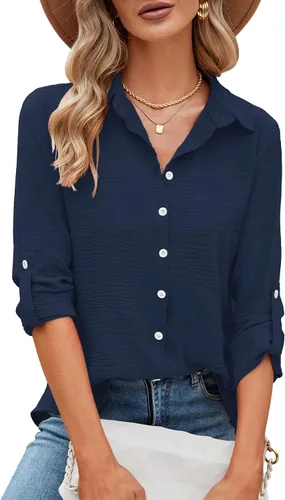 Miniatura 62 de Odosalii - Camisas con botones para mujer, con cuello en V, manga larga, enrolladas, blusas elegantes y formales para negocios y ocasiones casuales