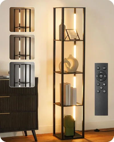 Miniatura 11 de Estante de exhibición de 64.2 pulgadas con luz, lámpara de pie de esquina moderna con estantes, lámpara de pie LED regulable con control remoto