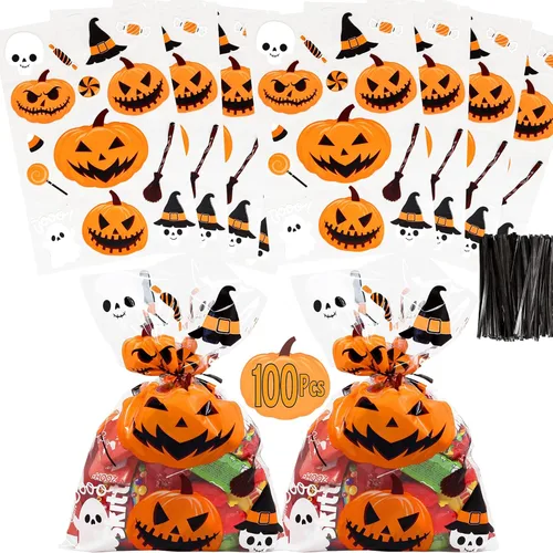 Miniatura 5 de AnapoliZ Bolsas de regalo de Halloween 100 piezas (6 x 9 pulgadas) Bolsas de celofán transparente de 2.5 mil con divertidos diseños aterradores