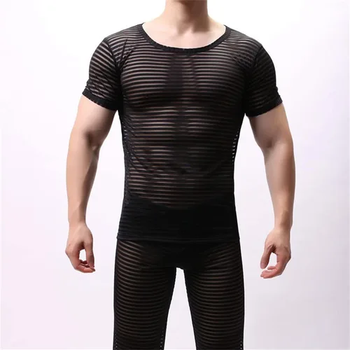 Miniatura 2 de Camisetas de verano transpirables de seda de hielo para hombre, de manga corta, para cultivar fitness, cuello redondo, blusa transparente