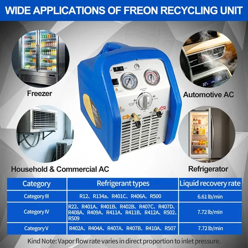 Miniatura 9 de Máquina de recuperación de refrigerante de doble cilindro 1HP, unidad de reciclaje de freón portátil sin aceite de 110V-120V 60Hz para refrigerante