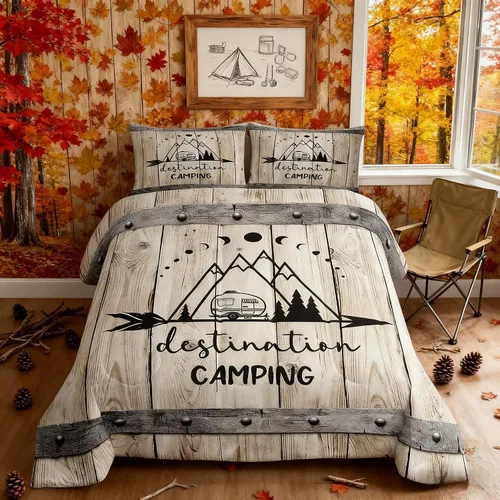 Miniatura 30 de Juego de Edredón para Acampar Feliz para Niños Tamaño Individual, Juego de Ropa de Cama Rústica de Aventura de Granja y Cabaña, Decoración