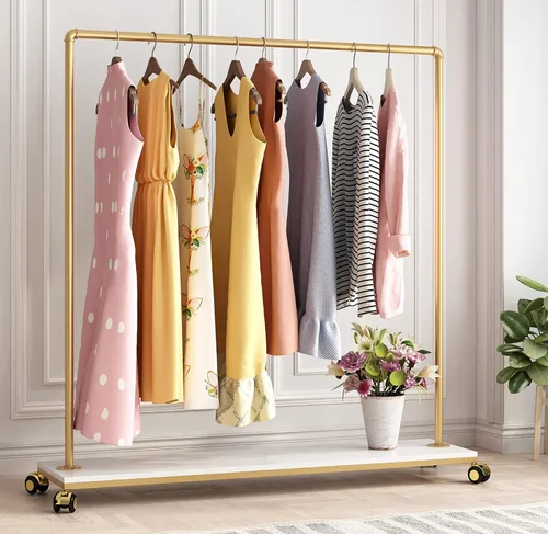 Miniatura 13 de Perchero de metal dorado con estante de madera, perchero resistente con ruedas para dormitorio, uso en boutiques minoristas (37.4 pulgadas de largo)