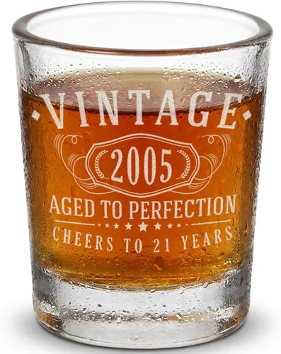 Vaso de chupito grabado vintage 2005 de 2.5 onzas – Regalos de feliz cumpleaños 21 para él y ella, decoración decoración hombres mujeres chico,