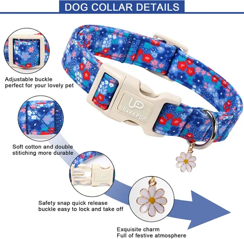 Miniatura 3 de Collar de perro floral azul, collar floral de algodón ajustable para primavera y verano con colgante de margarita, hebilla de liberación rápida