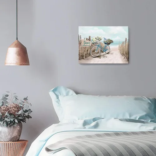 Miniatura 5 de Lienzo de playa para baño, imágenes del océano, impresión de lienzo de bicicleta junto al mar, pintura enmarcada de paisaje marino, verde azulado
