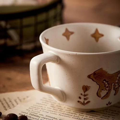 Miniatura 4 de Juego de 4 tazas de café de cerámica vintage de 12 onzas - Hechas a mano de gres cerámico de campo, estilo granja, para té de otoño con gran asa