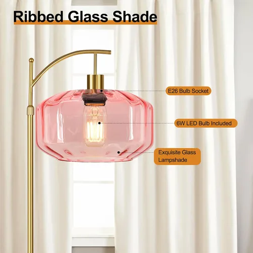 Miniatura 4 de Lámparas de pie doradas para sala de estar, dormitorio, lámpara de pie de cristal con control remoto y pantalla rosa, lámpara de pie regulable