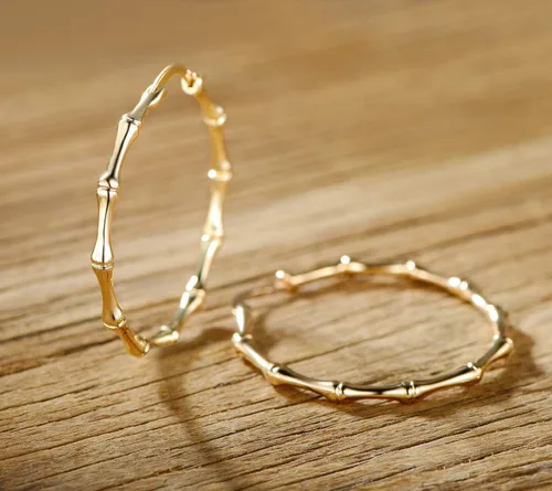 Miniatura 5 de Barzel - Aretes de aro de bambú de oro para mujer, chapados en oro de 18 quilates, oro rosa o blanco