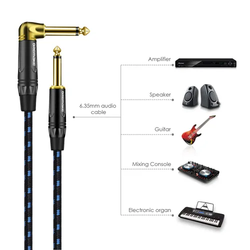 Miniatura 5 de Cable de 1/4 pulgadas (0.248 in) recto a ángulo recto, cable de conexión trenzado negro/azul de tweed de 1/4 de pulgada a 1/4 de pulgada, cable