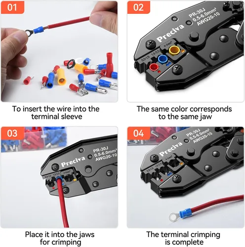 Miniatura 5 de Kit de Herramientas de Crimpado de Terminales de Cable con Nuevo Diseño de Mango, Preciva AWG20-10 Herramienta de Crimpado de Trinquete Aislada