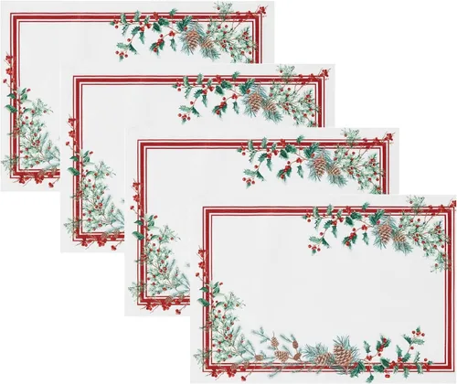 Elrene Home Fashions - Manteles individuales de tela con borde de bayas de invierno, decoración de mesa de Navidad, 13 x 19 pulgadas, juego de 4