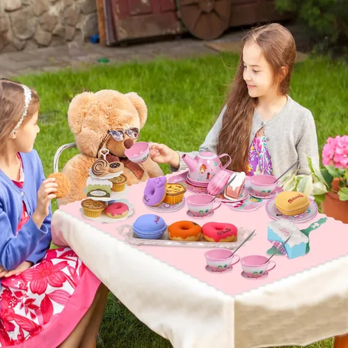 Miniatura 7 de Juego de fiesta de té para niñas pequeñas, juguete de la hora del té de la princesa de PRE-WORLD que incluye postre, galletas, dona, bandeja