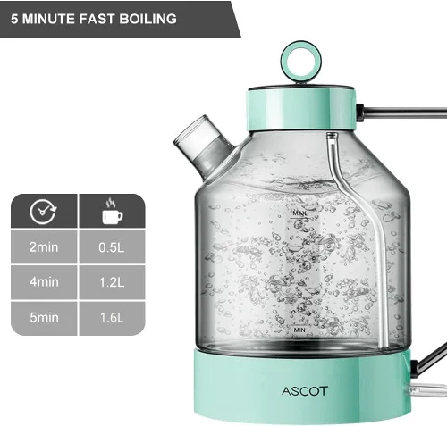 Miniatura 2 de ASCOT Hervidor eléctrico, tetera eléctrica de vidrio, regalos para hombres/mujeres/familia, 1.5 L, 1500 W, calentador de té de vidrio