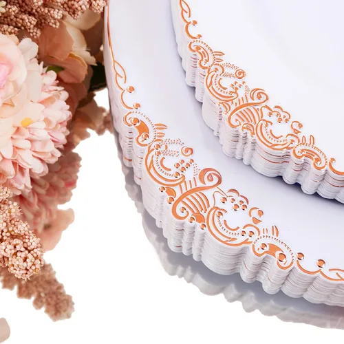 Miniatura 2 de Hioasis 350 platos de plástico color oro rosa, elegante juego de vajilla desechable adecuado para 50 invitados, incluye platos de cena de 10.25