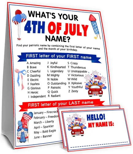 What Your Patriotic Name Game, decoración de fiesta del Día de la Independencia, letrero de doble cara con 30 calcomanías de nombre, juego festivo