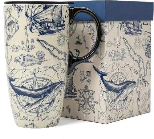 Miniatura 13 de Topadorn Taza de Cerámica para Café de Porcelana Latte Taza de Té con Tapa en Caja de Regalo 17oz, Flores Azules