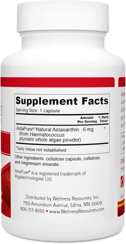 Miniatura 3 de Wellness Resources Astaxantina 6 mg Microalgas integrales Haematococcus Pluvialis Astapure de algas enteras de alta potencia Suplemento